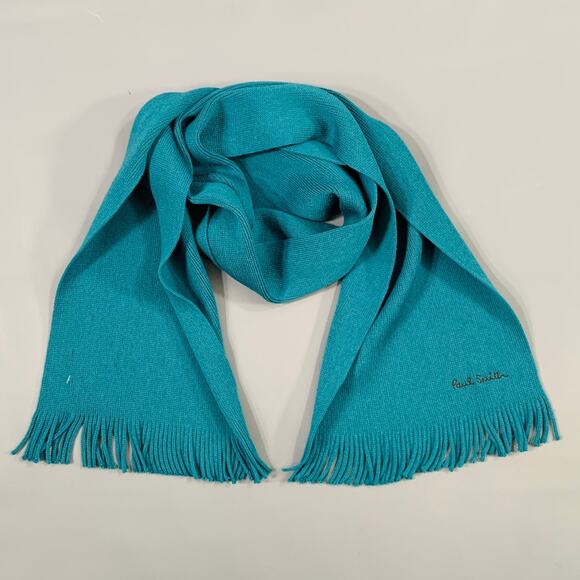 PAUL SMITH Blue Teal Knit Virgin Wool Fringe Scarf - Picture 1 of 4
